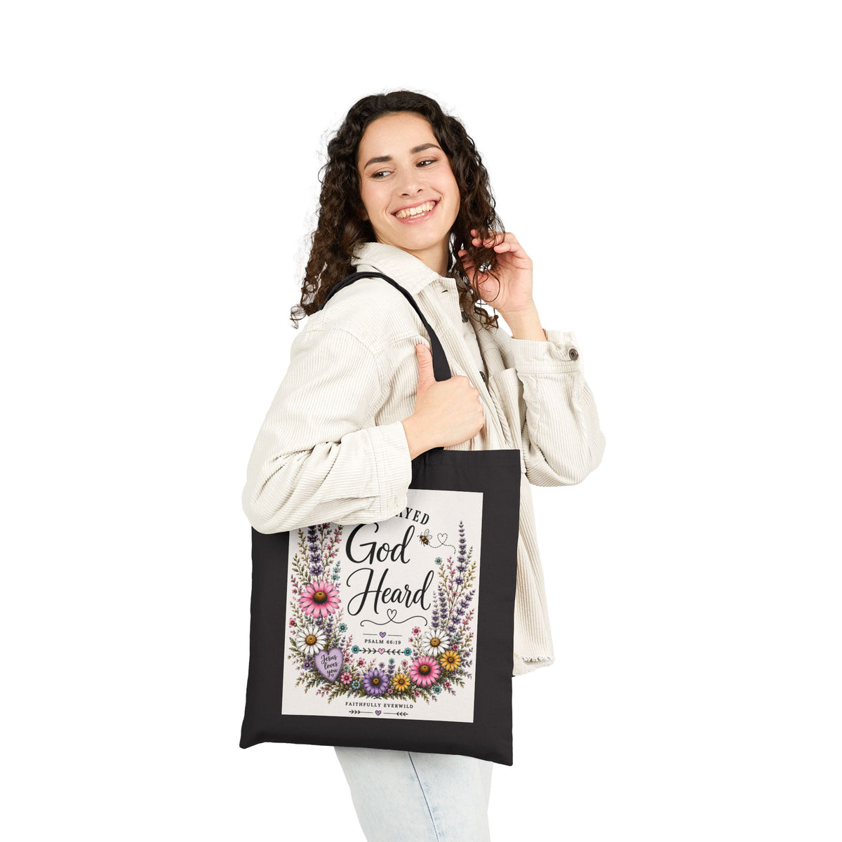 She Prayed, God Heard Floral Canvas Tote 🤍🌸