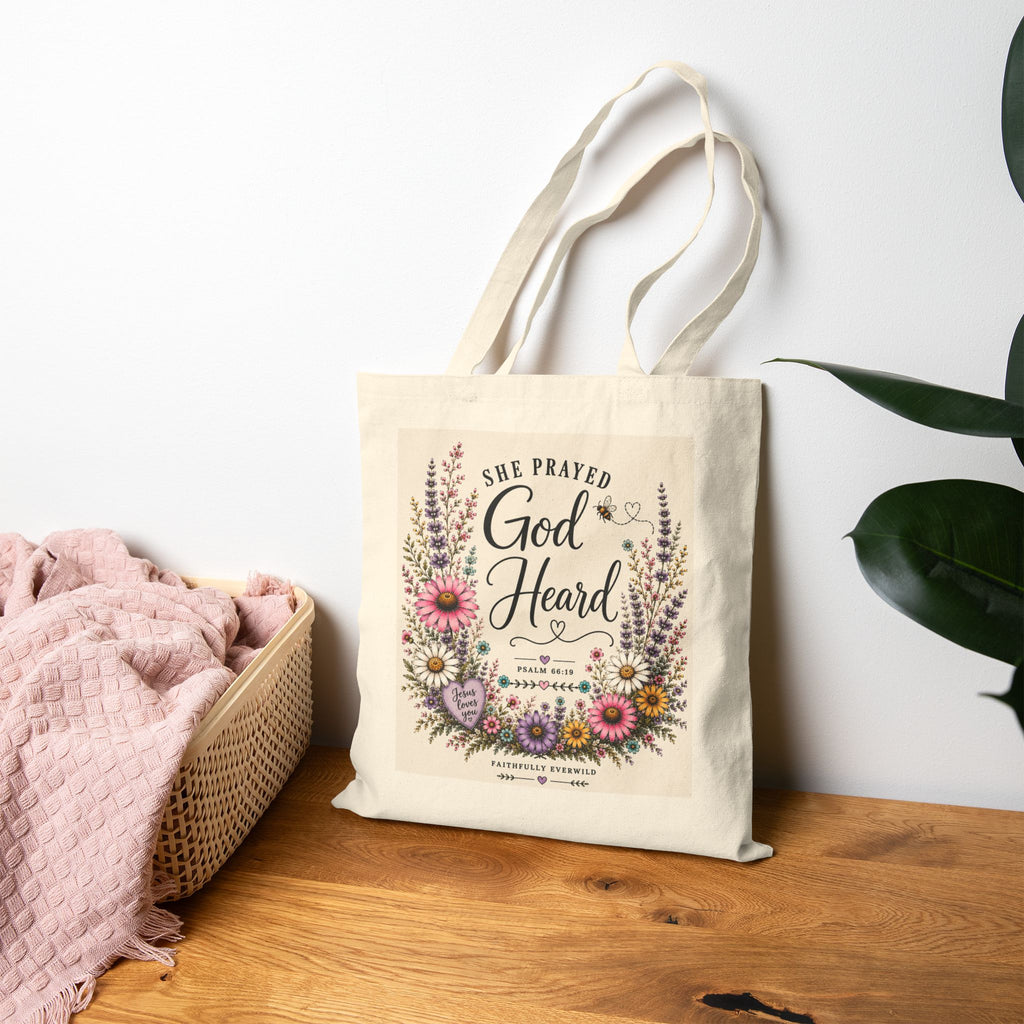 She Prayed, God Heard Floral Canvas Tote 🤍🌸
