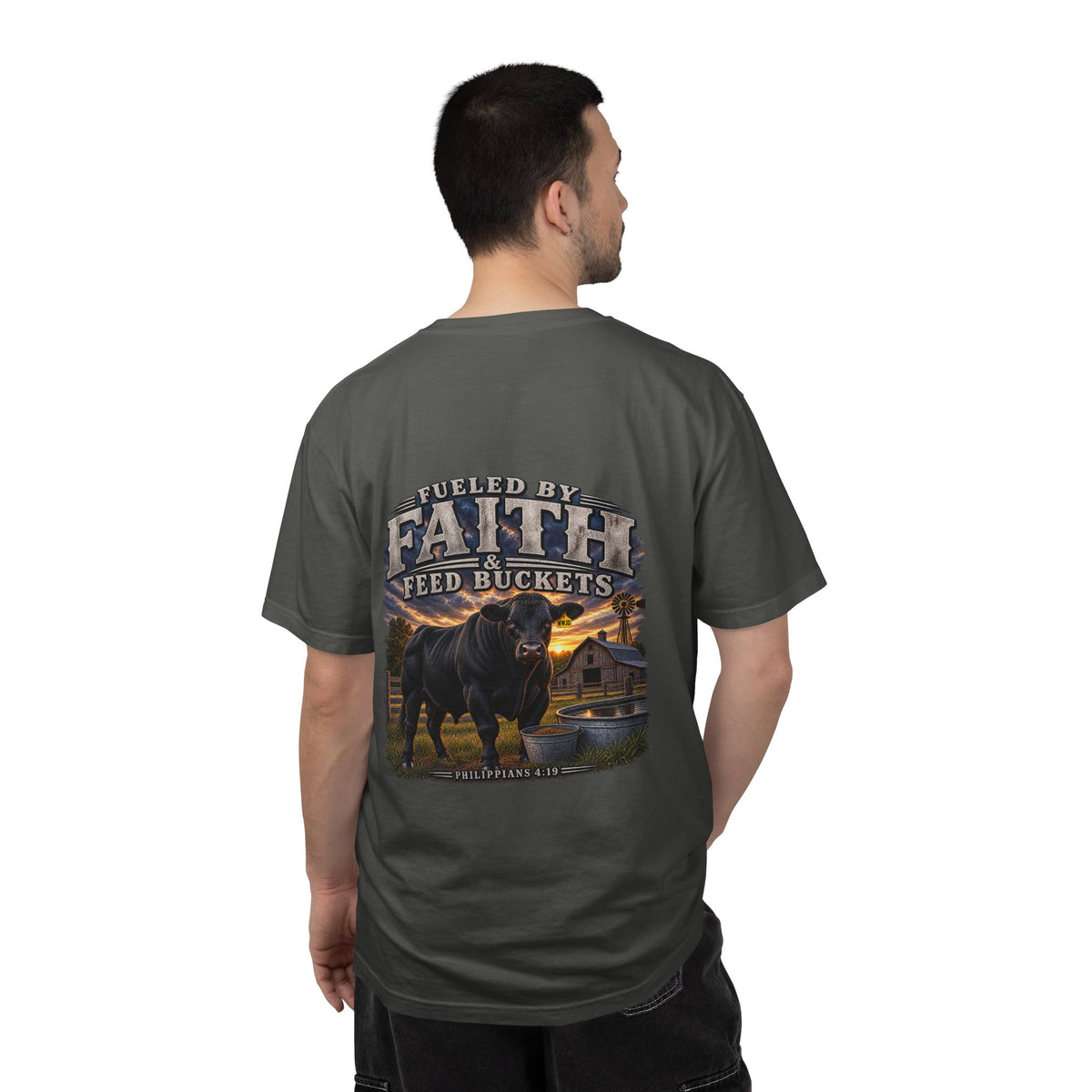Fueled by Faith & Feed Buckets – Philippians 4:19 Angus Tee
