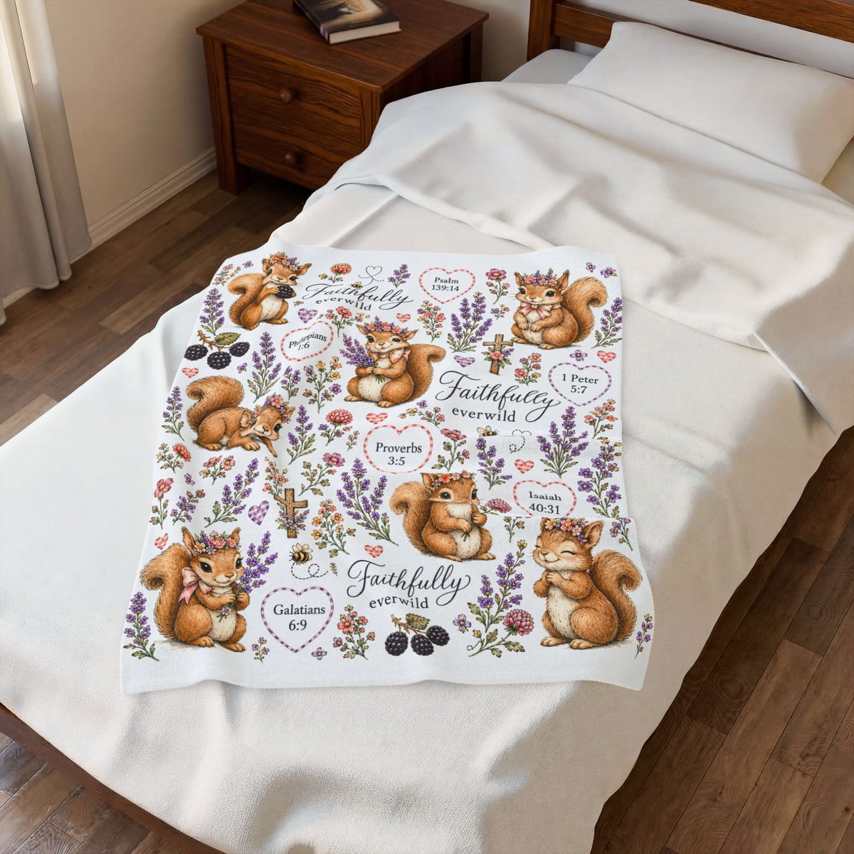 Faithfully Everwild Squirrel Faith Blanket – Scripture & Wildflowers