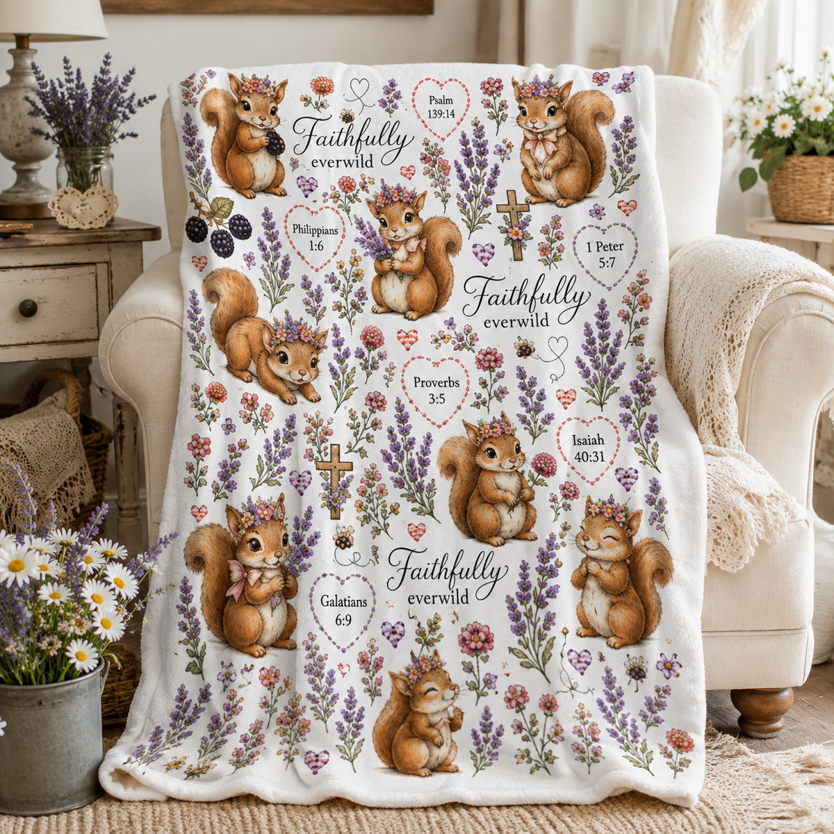 Faithfully Everwild Squirrel Faith Blanket – Scripture & Wildflowers