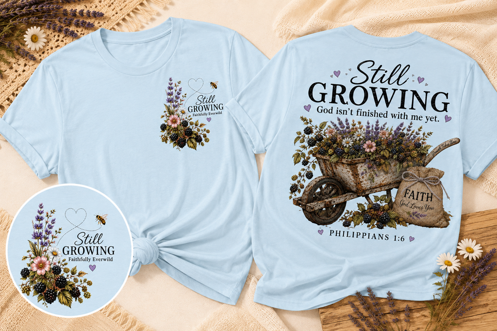 Still Growing Wheelbarrow Floral T-shirt | Faith Philippians Scripture