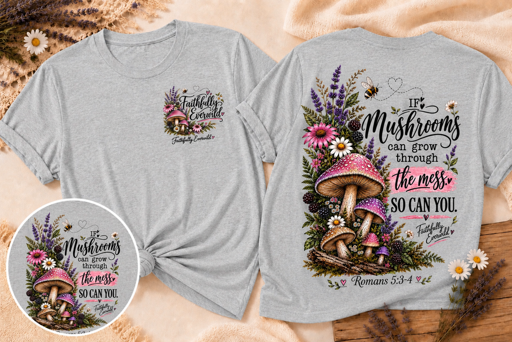 Mushrooms Can Grow Through The Mess Tee | Romans 5:3-4 Faith Shirt