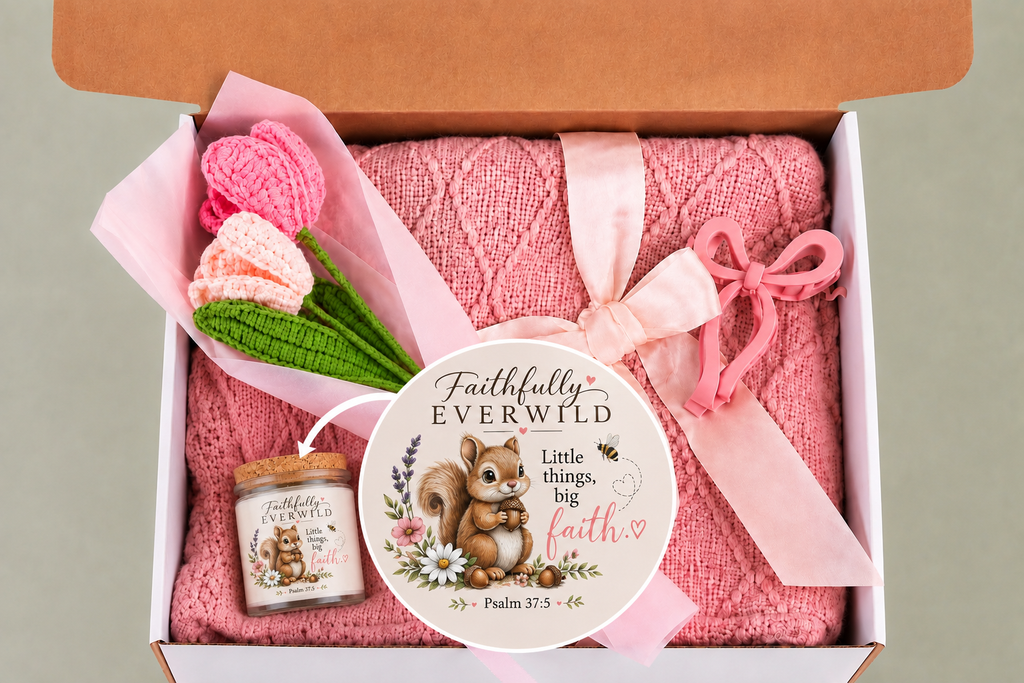 Little Things, Big Faith Blush & Bloom Christian Gift Set | Psalm 37:5 | Candle, Blanket & Keepsakes