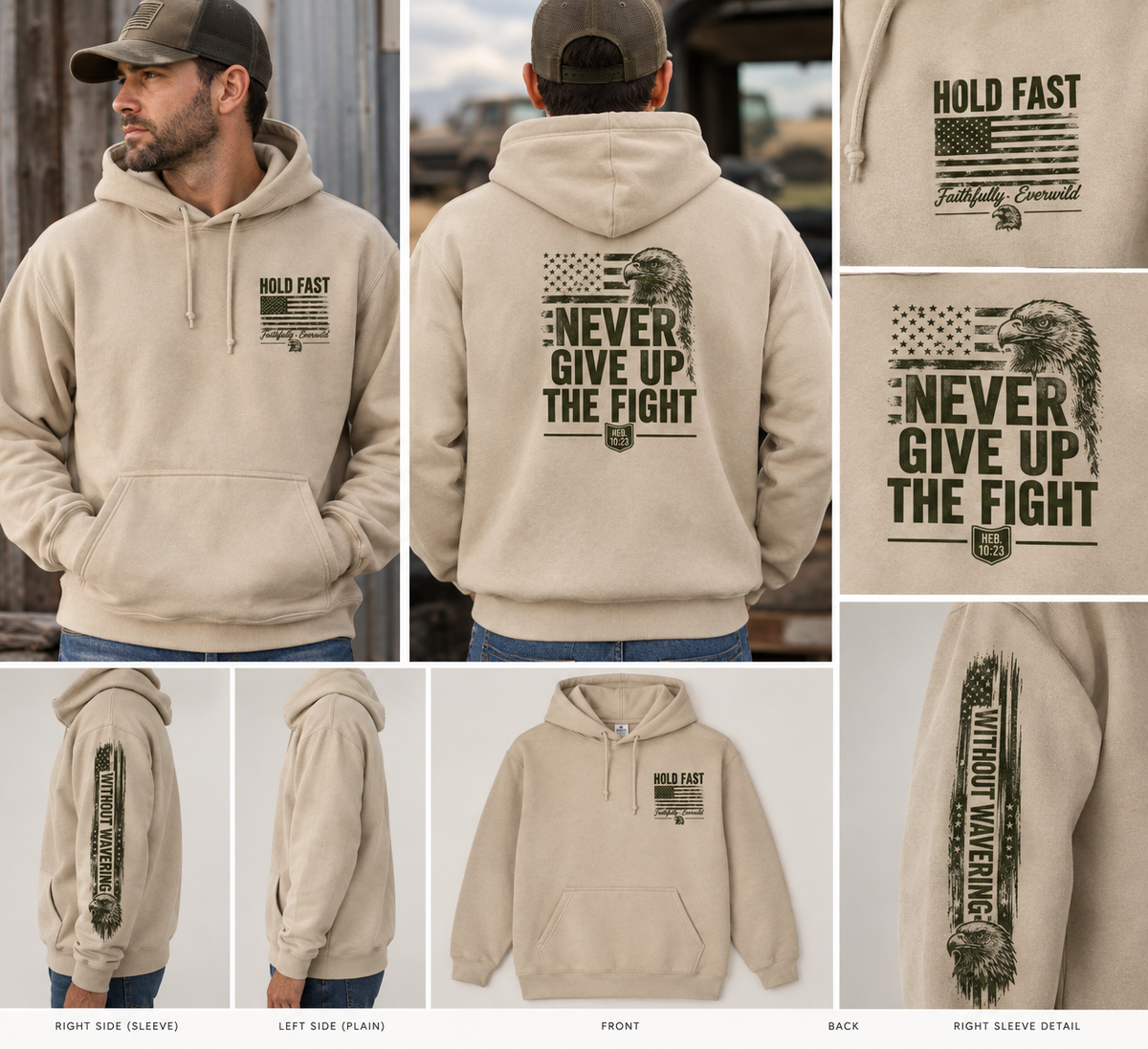 Never Give Up The Fight Hoodie Sweatshirt –  "Hold Fast" Eagle American Flag Pullover/ Hebrews 10:23