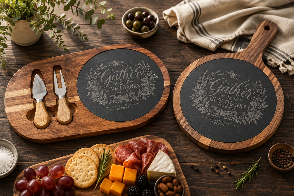Gather & Give Thanks Engraved Charcuterie Board | Psalm 100:4