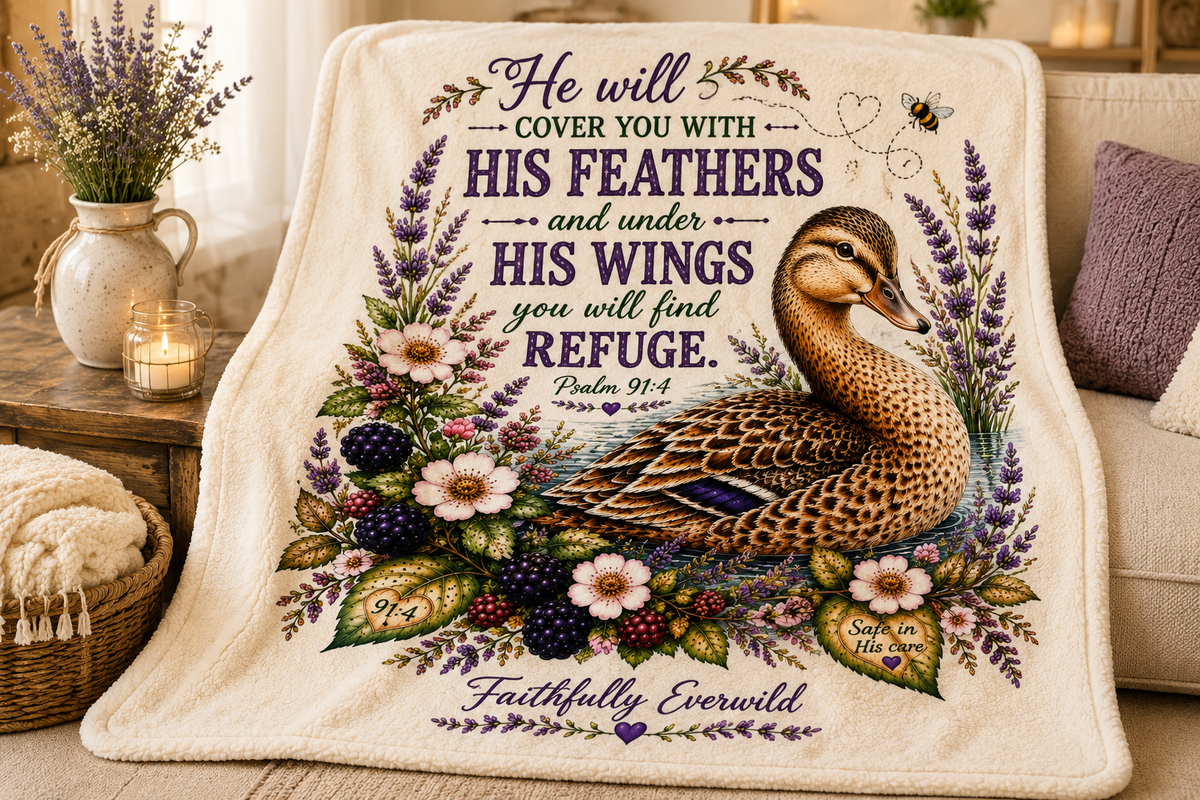 Covered by His Feathers Faith Deluxe Sherpa Fleece Blanket | Psalm 91:4 🦆💜