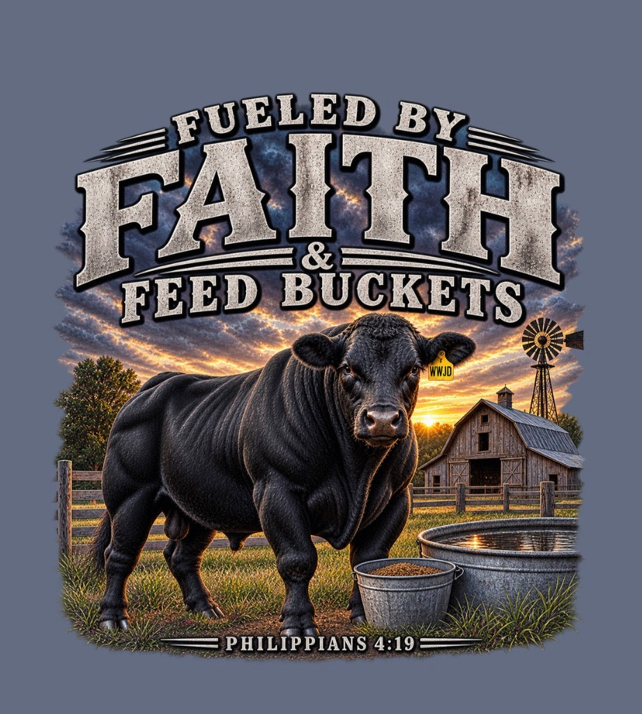 Fueled by Faith & Feed Buckets – Philippians 4:19 Angus Tee