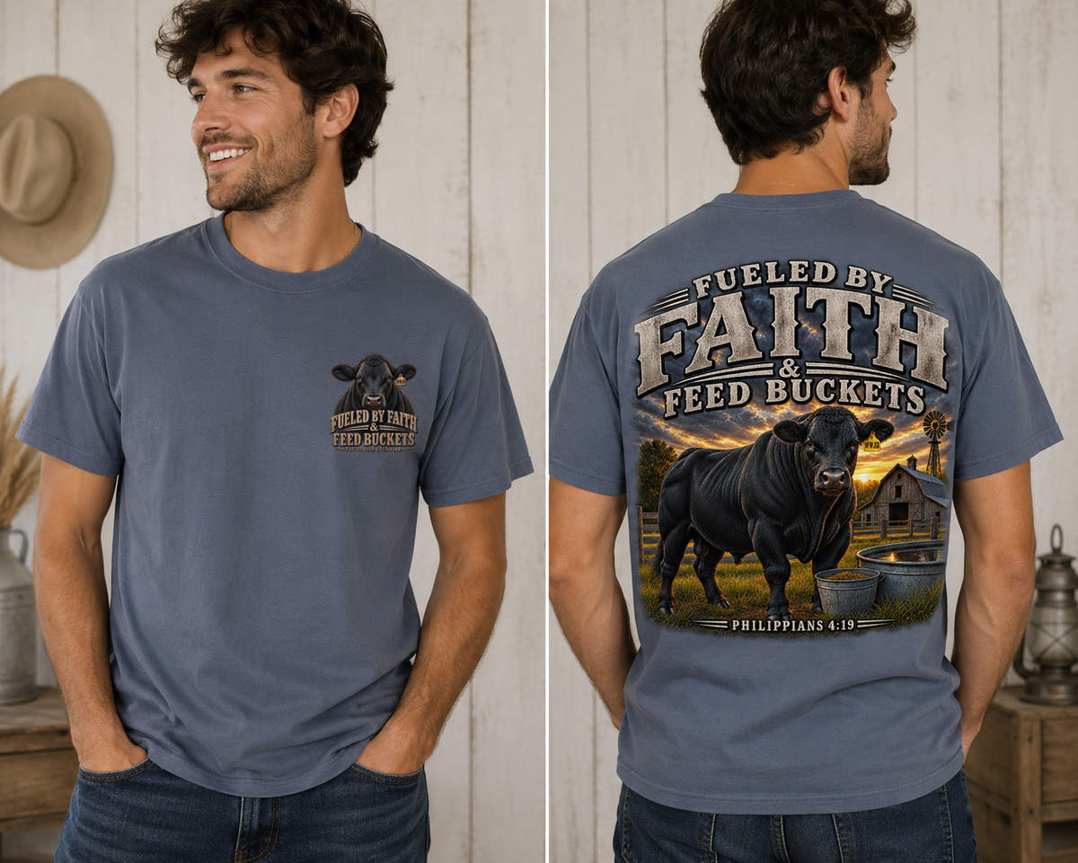 Fueled by Faith & Feed Buckets – Philippians 4:19 Angus Tee