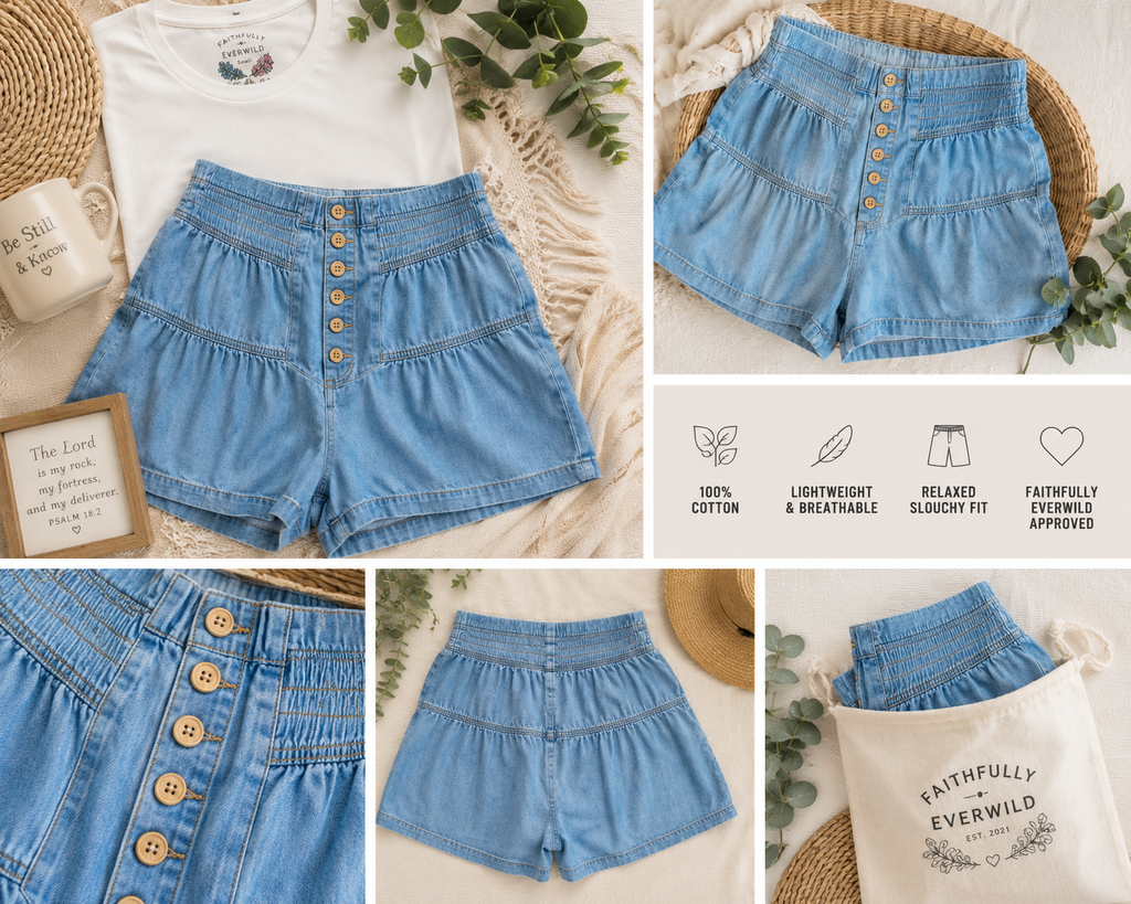 RISEN Shirred Waist Slouchy Denim Shorts