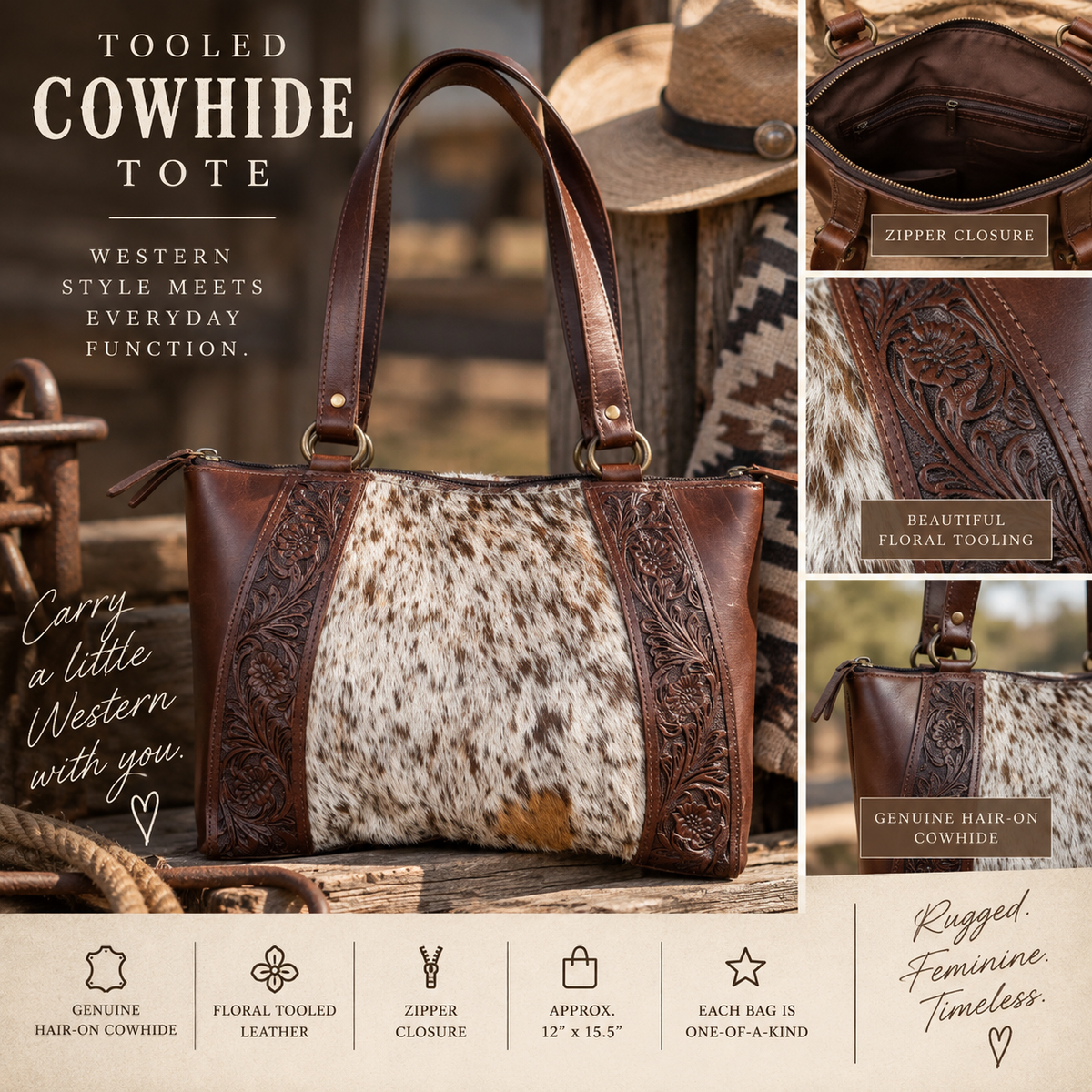Floral Tooled Cowhide Leather Tote