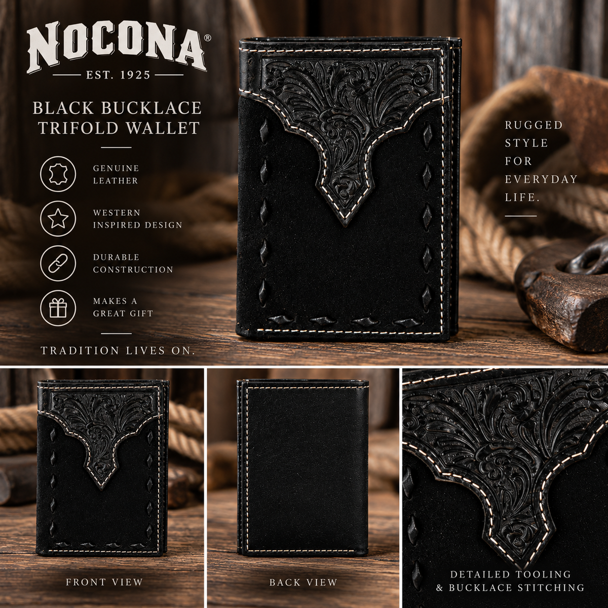 Nocona Black Bucklace Tooled Leather Trifold Wallet