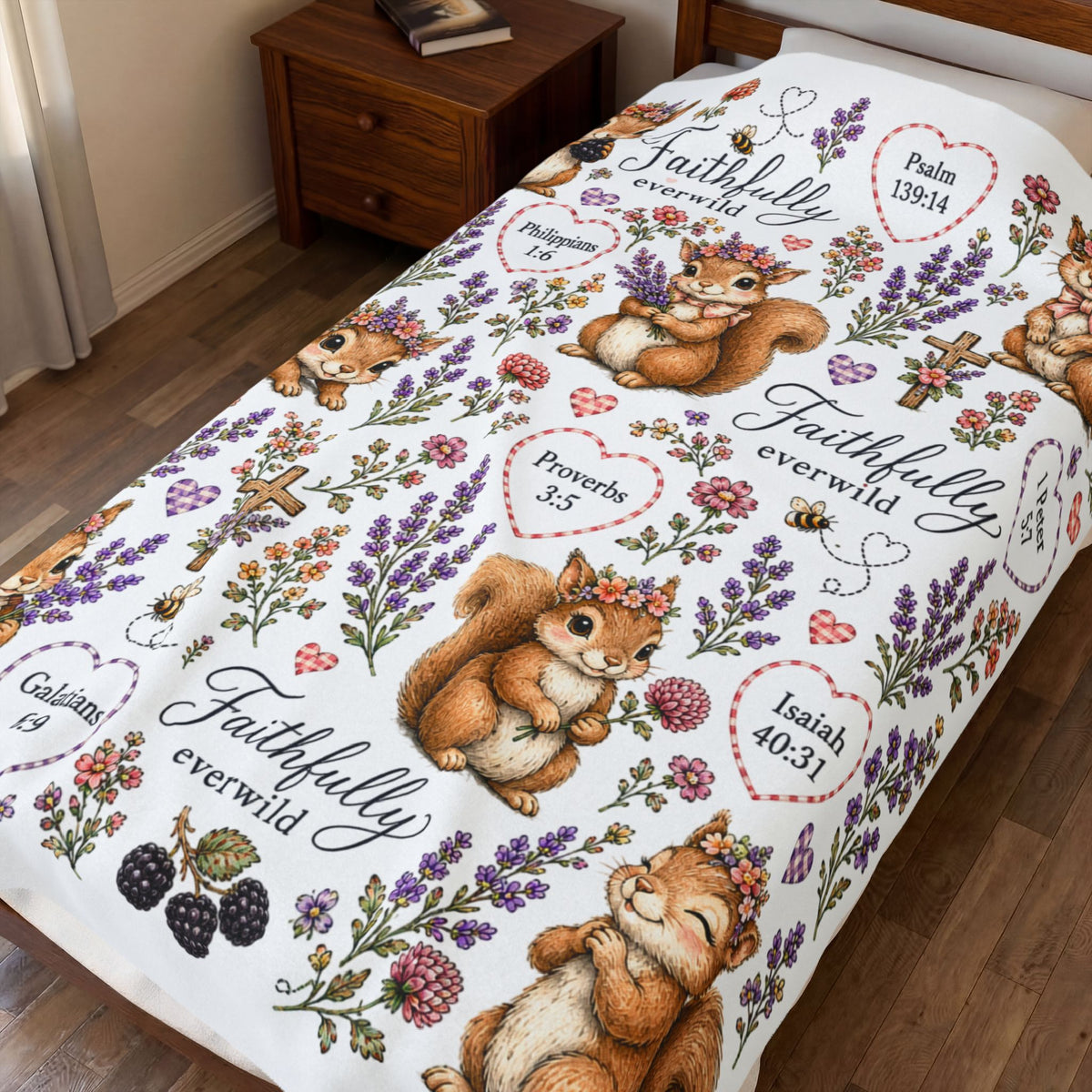 Faithfully Everwild Squirrel Faith Blanket – Scripture & Wildflowers