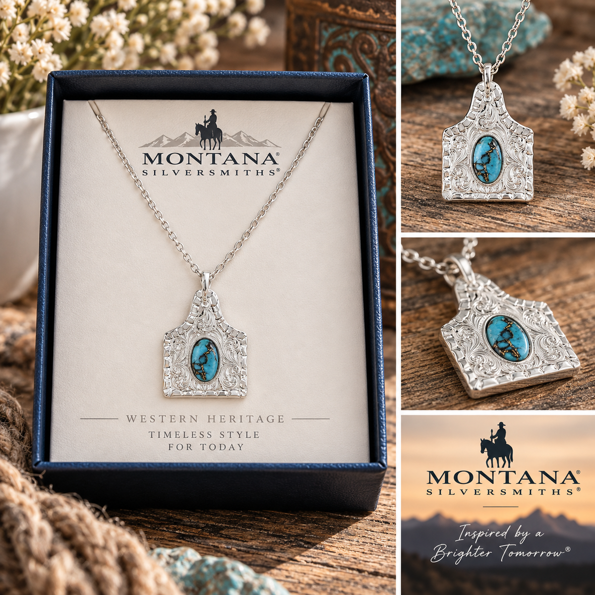 Chiseled Turquoise Cow Tag Necklace | Montana Silversmiths
