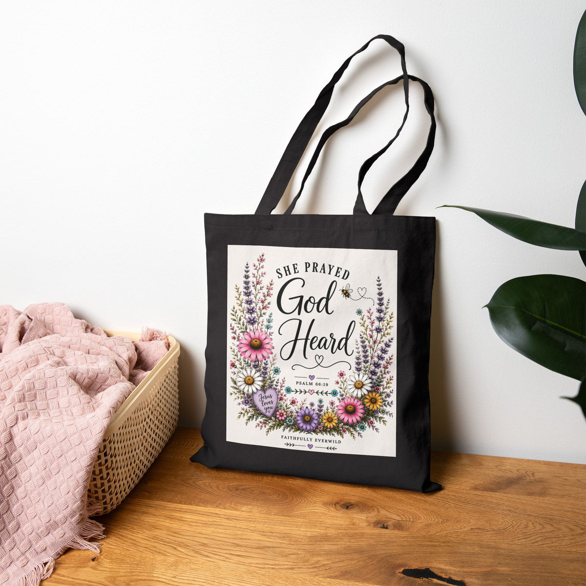 She Prayed, God Heard Floral Canvas Tote 🤍🌸