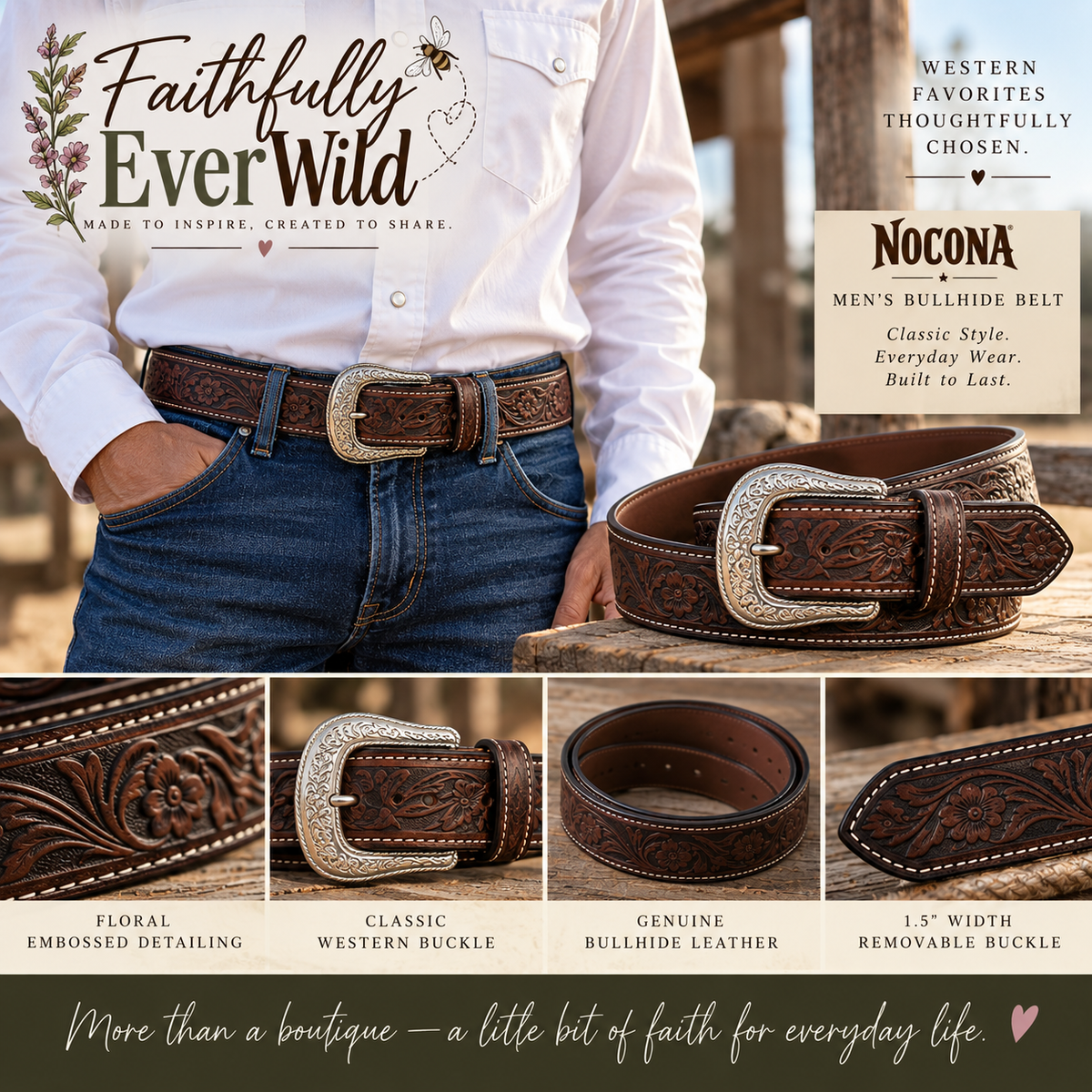 Nocona Men’s Brown Bullhide Floral Belt 🤎