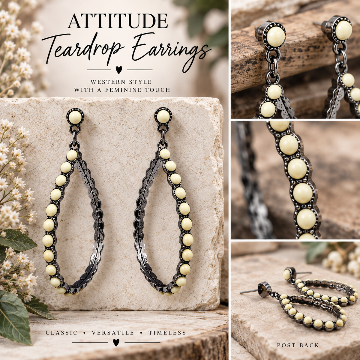 Cream Stone Teardrop Statement Earrings