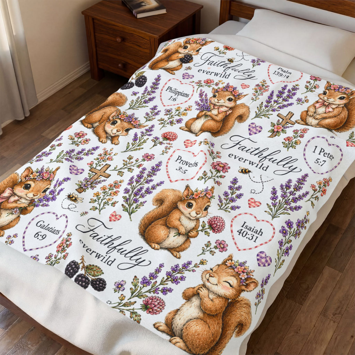 Faithfully Everwild Squirrel Faith Blanket – Scripture & Wildflowers