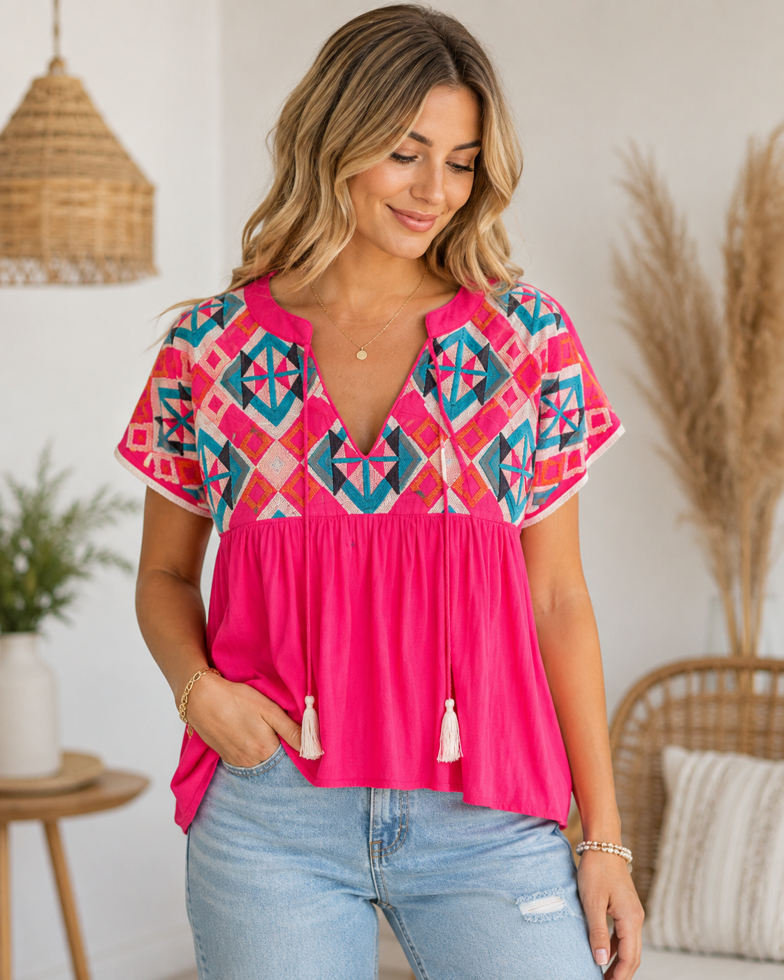 Color Me Wild Embroidered Blouse Tassel Tie Neck Blouse