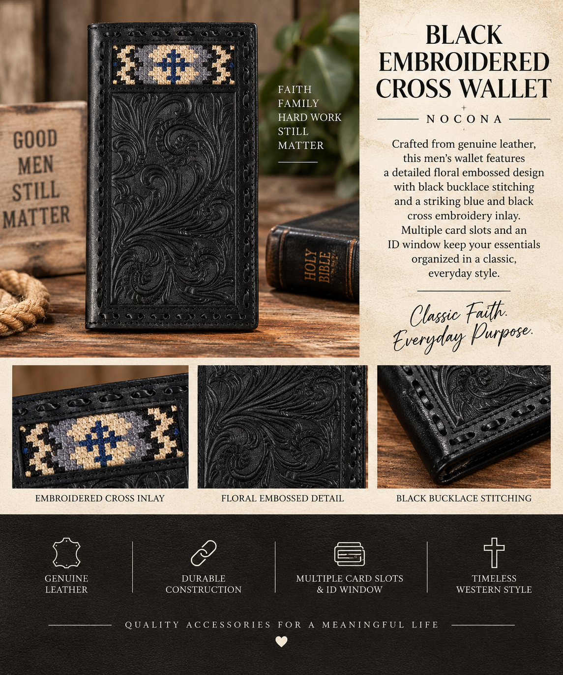 Faith & Strength Black Leather Cross Wallet