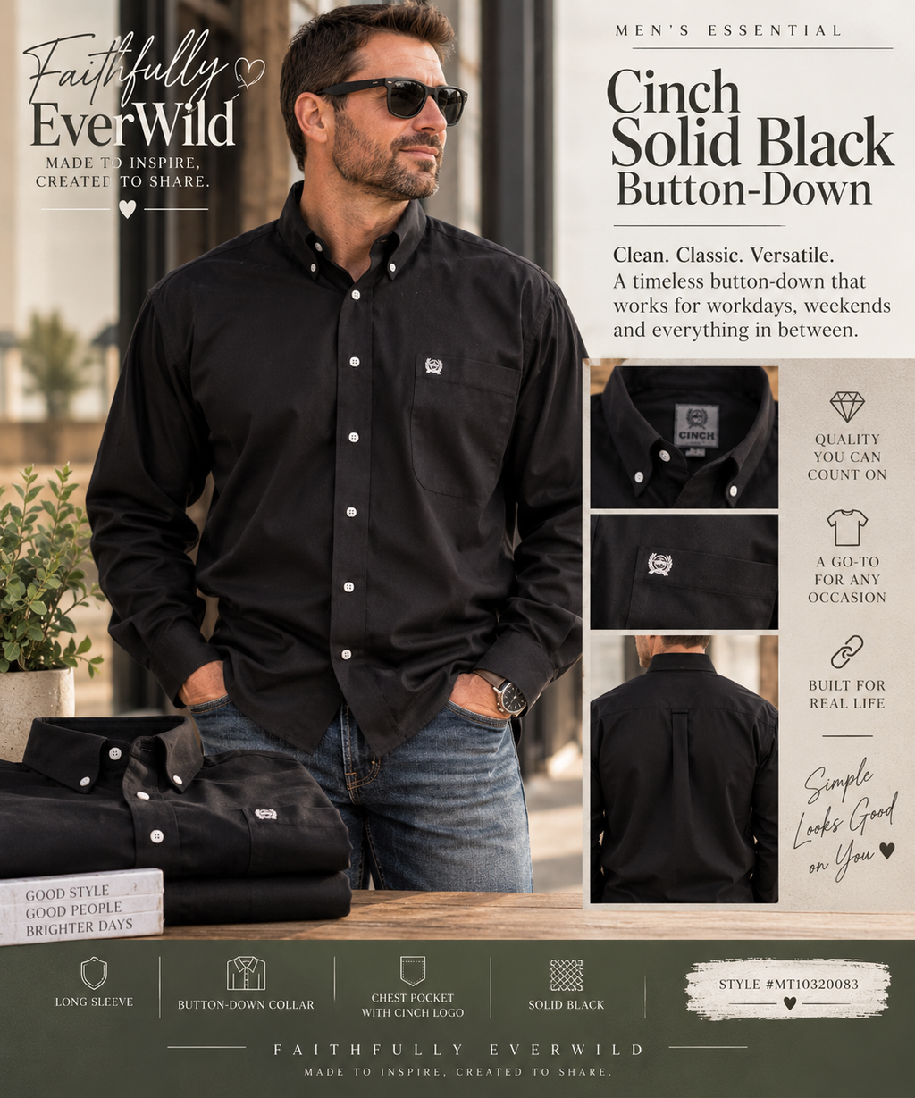 Cinch Men’s Solid Black Long Sleeve Button-Down