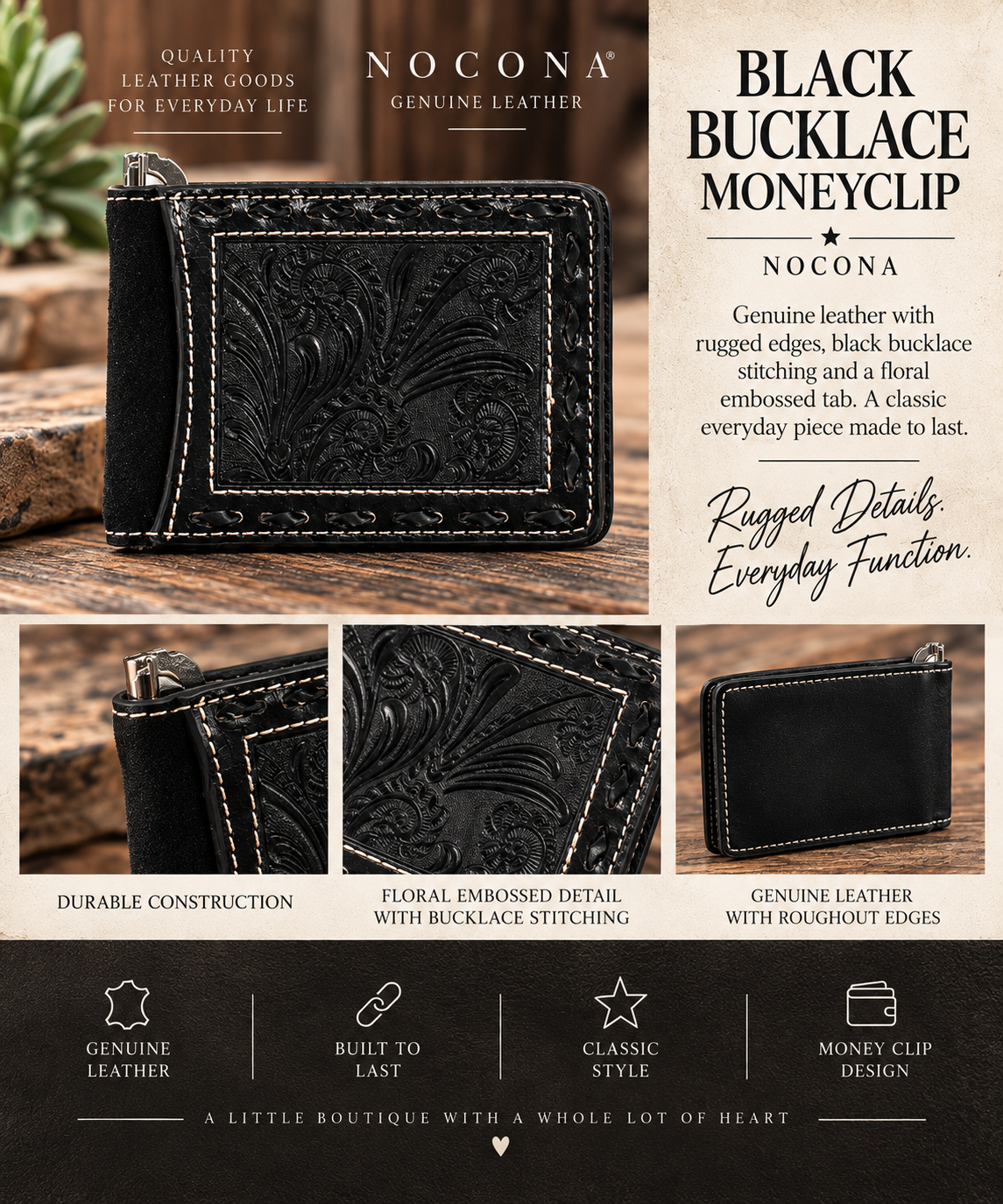 Black Floral Leather Money Clip Wallet | Nocona