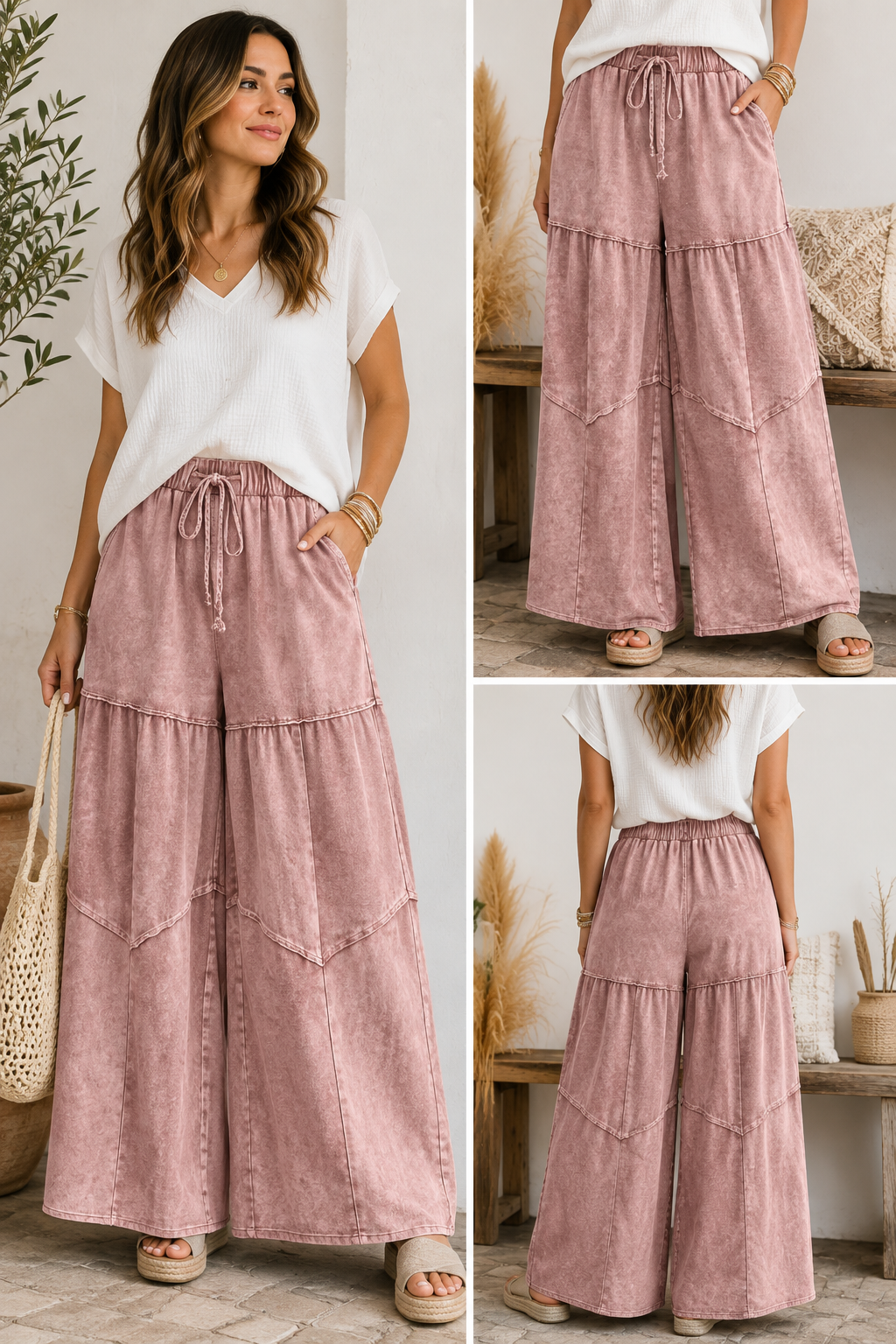 Wild Rose Mineral Wash Wide-Leg Patchwork Drawstring Pants