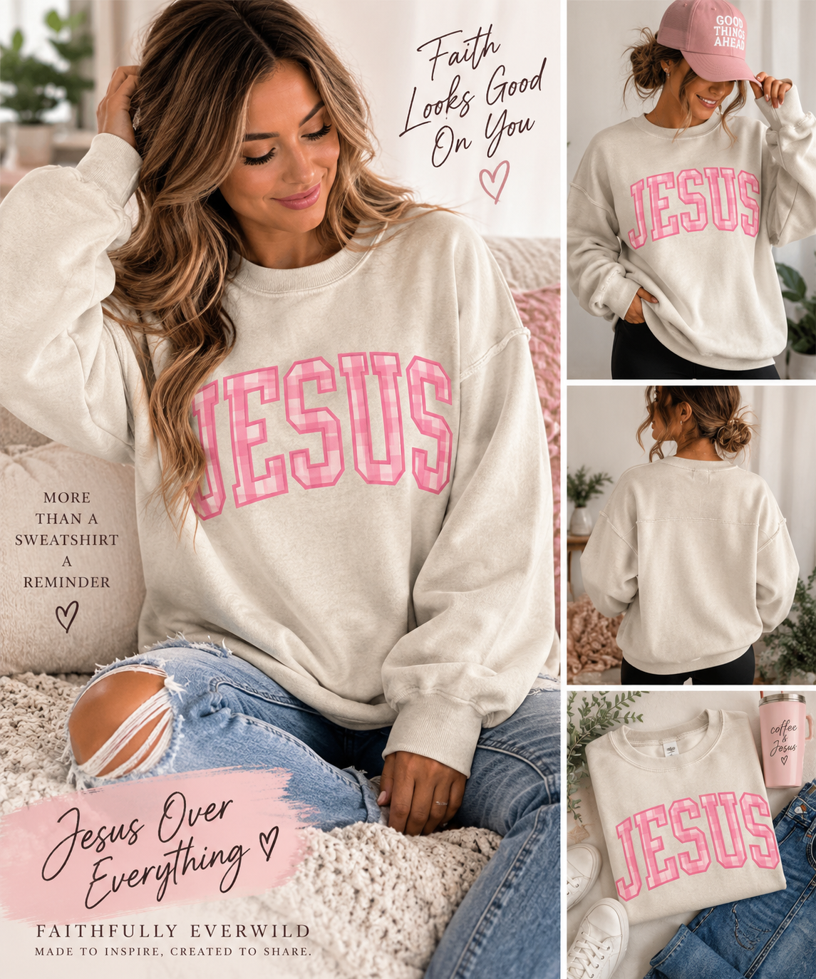 JESUS Over Everything Varsity Crewneck 💗 Sweatshirt