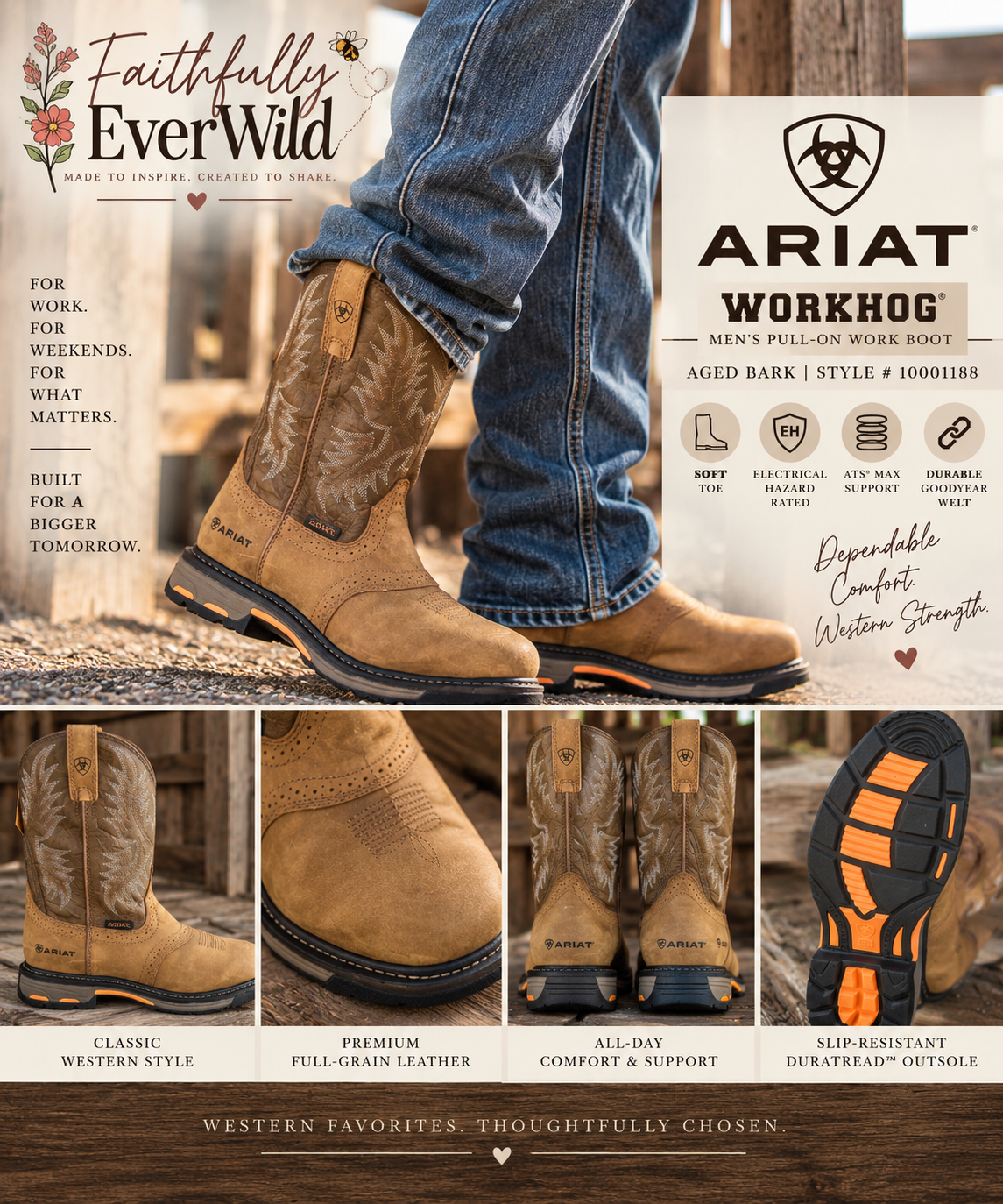 Ariat Men’s WorkHog Pull-On Work Boot – Aged Bark