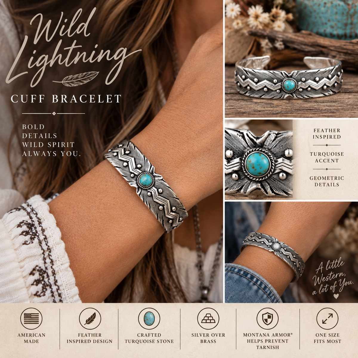 Wild Lightning Turquoise Feather Cuff Bracelet