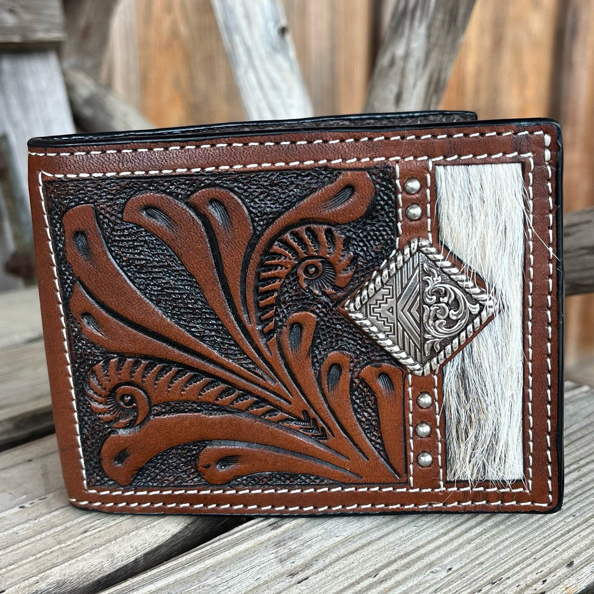 Tooled Leather & Calf Hair Bifold Wallet