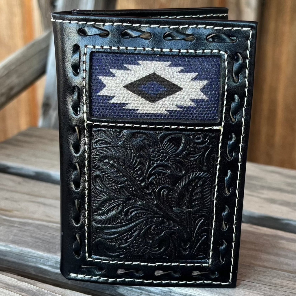 Nocona Black Tooled Leather Trifold Wallet