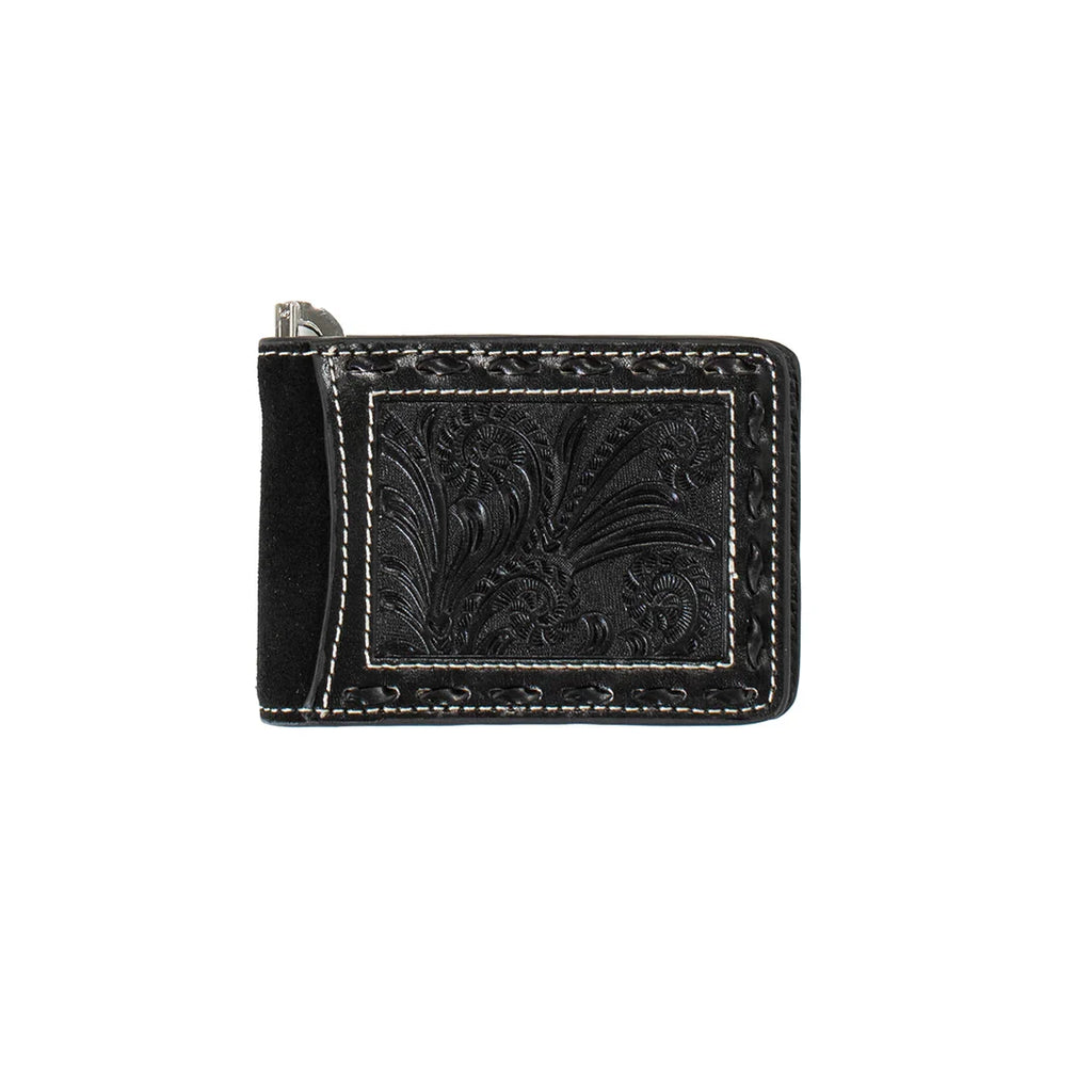 Black Floral Leather Money Clip Wallet | Nocona