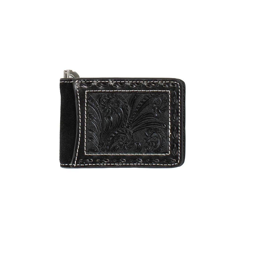 Black Floral Leather Money Clip Wallet | Nocona
